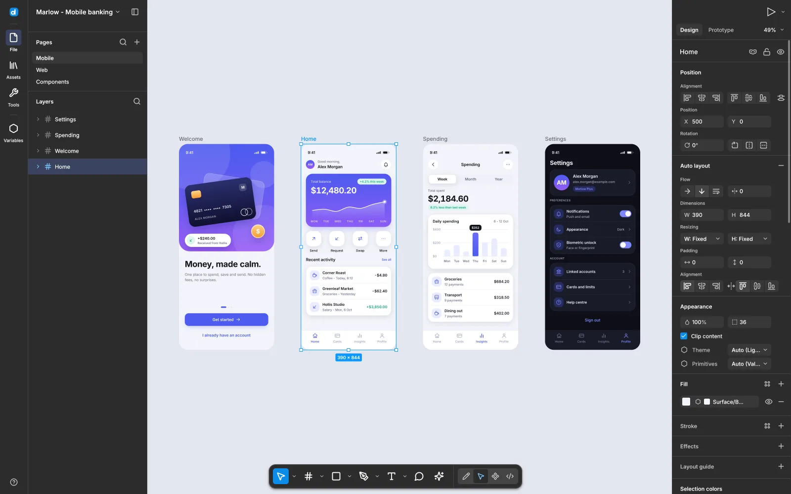The desigma editor with four phone screens built with auto layout and components
